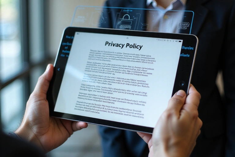 A person reviewing a privacy policy document on a tablet, symbolizing data protection and transparency.